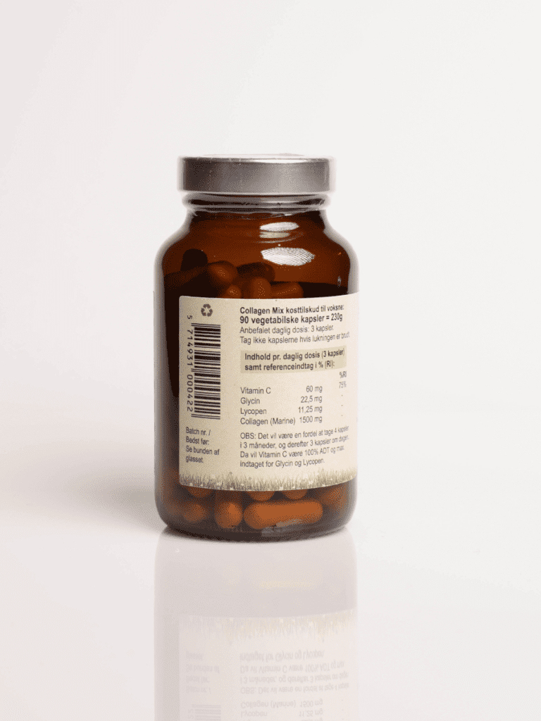 Brun glasbeholder med sølvlåg og label, fyldt med orange collagen kosttilskudskapsler