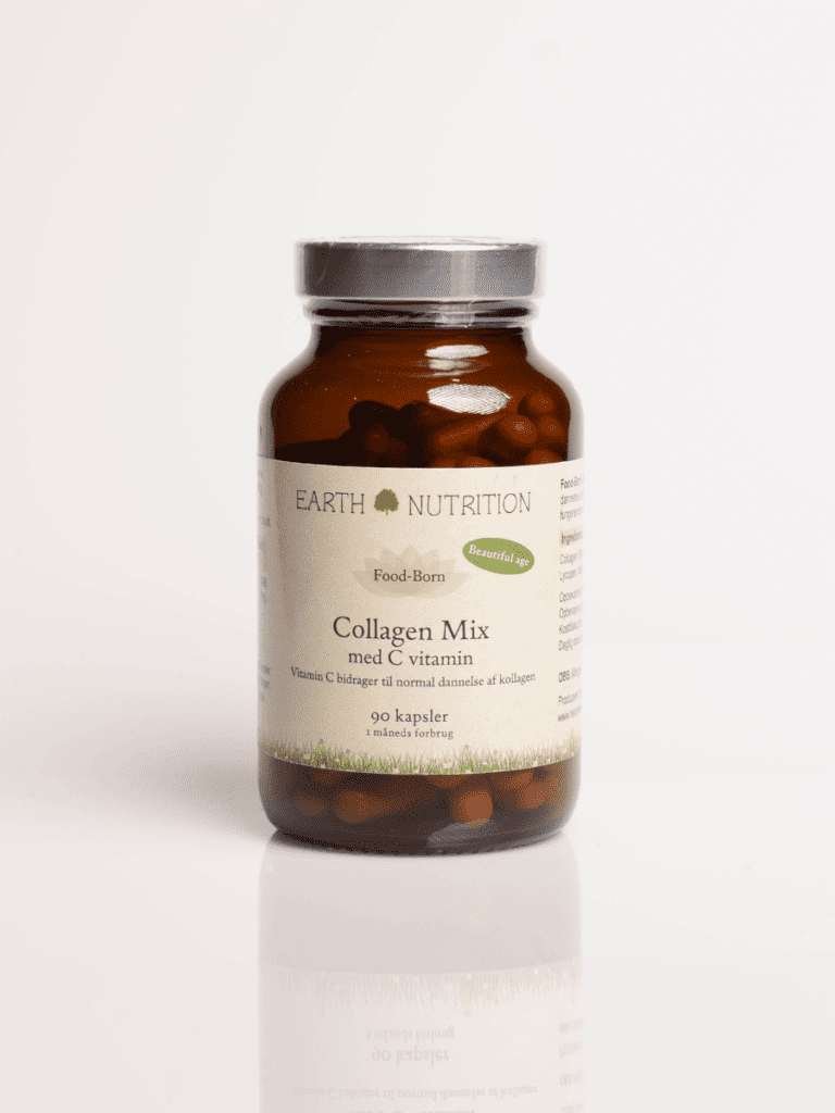 Brunt glas med sølvlåg mærket Earth Nutrition Collagen Mix med C-vitamin, 90 kapsler