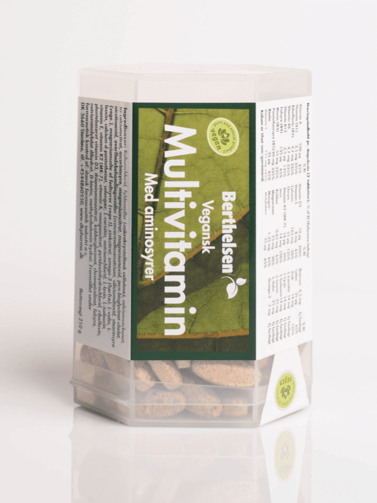 Berthelsen veganes Multivitamin mit Aminosäuren in klarem Kunststoffbehälter mit sichtbaren Tabletten und grünem Etikett