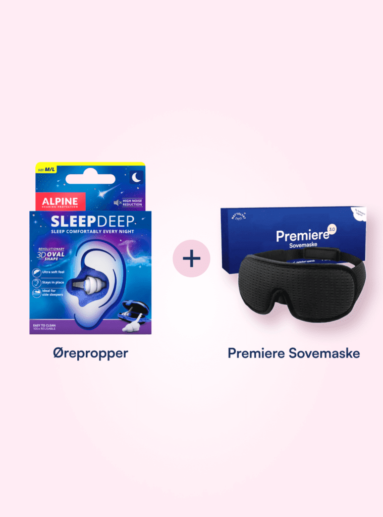 Set aus Alpine SleepDeep Ohrst&ouml;pseln und schwarzer Premiere Schlafmaske auf rosa Hintergrund