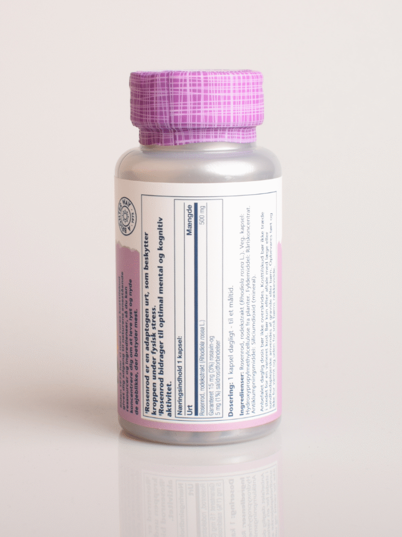Solaray Rosenwurz-Nahrungsergänzung in einer Flasche mit rosa gemustertem Deckel und beschriftetem Etikett