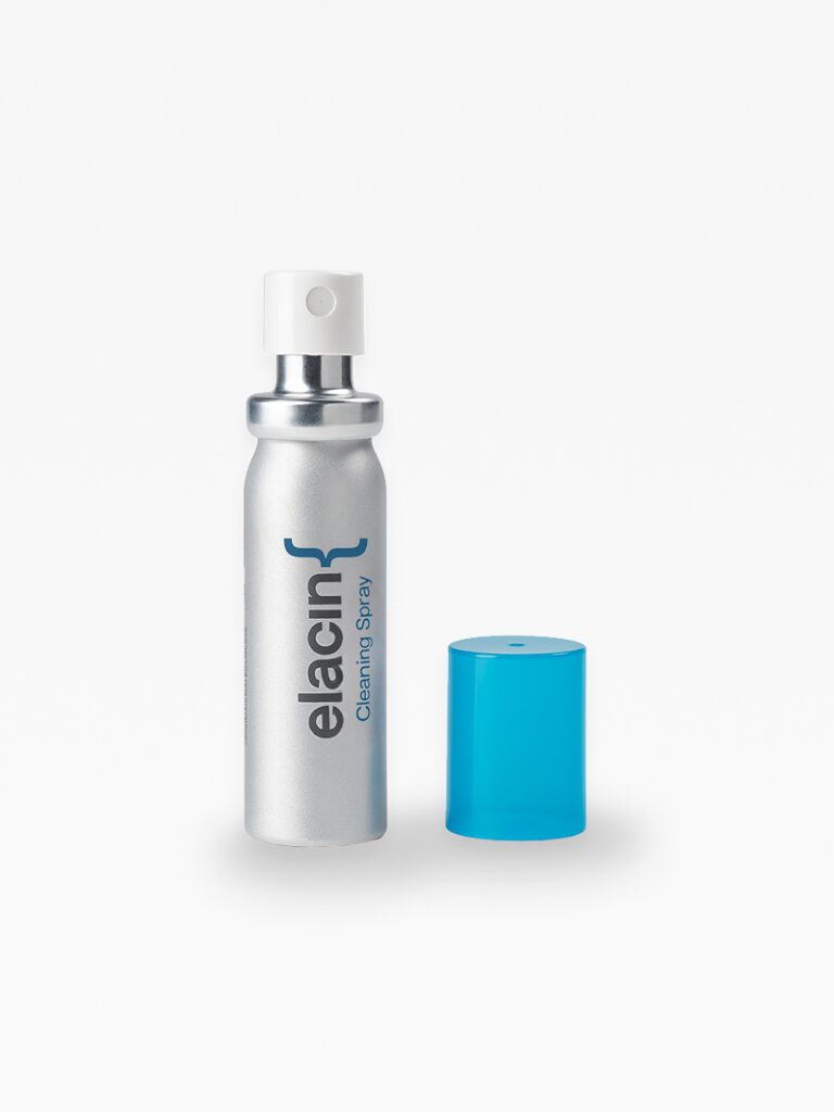 Elacin Reinigungsspray in silberner Aluminiumflasche mit blauer Kappe