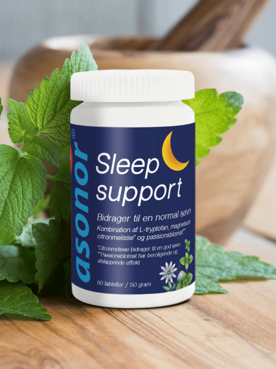 Asonor Sleep Support kosttilskudflaske med citronmelisseblade og passionblomst til bedre søvn