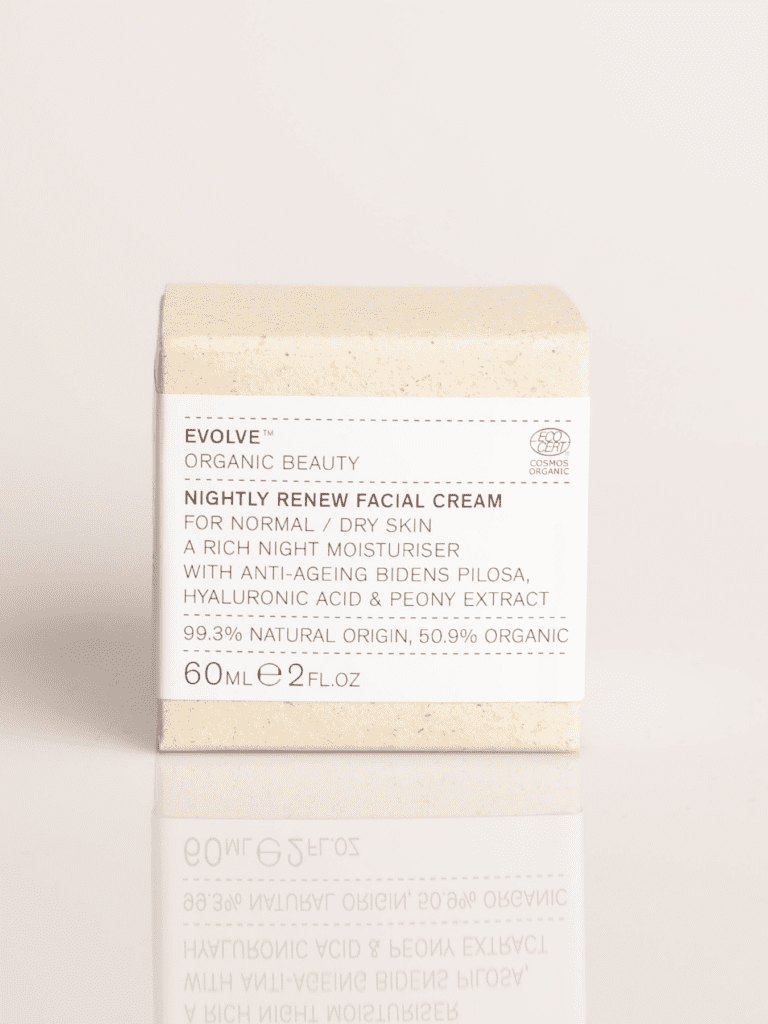 Verpackung der Evolve Organic Beauty Nightly Renew Gesichtscreme, 60 ml – Bio-Nachtcreme für normale bis trockene Haut
