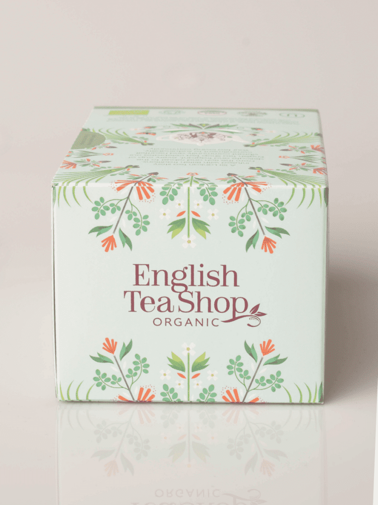 English Tea Shop økologisk teæske i pastelfarvet mint med dekorative blomsterillustrationer