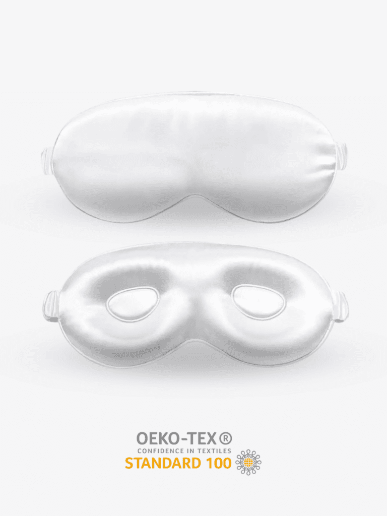 Weiße Schlafmaske aus Seide, gepolstert mit konturierten Augenhöhlen und elastischem Band, zertifiziert nach OEKO-TEX Standard 100