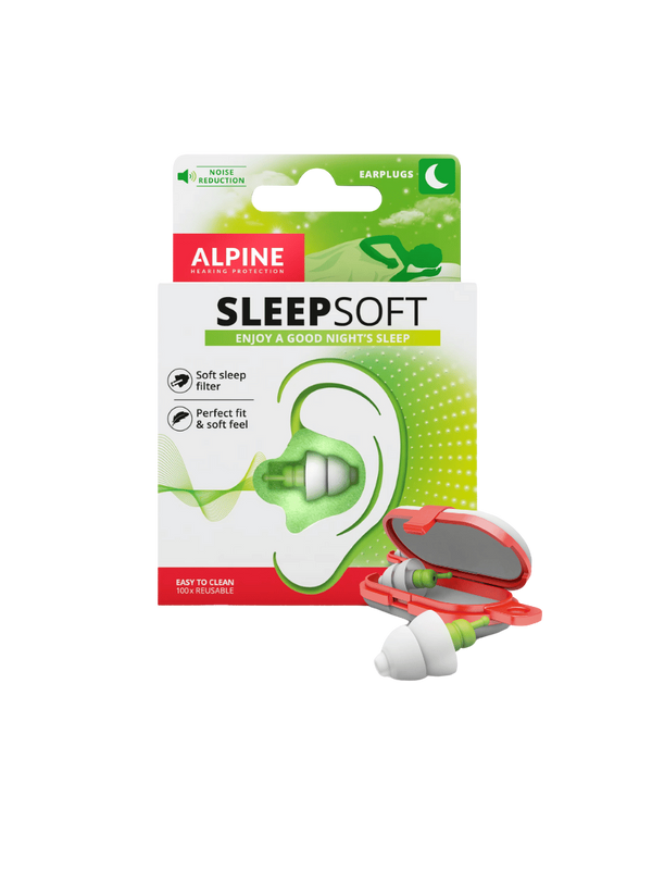Alpine SleepSoft weiche gr&uuml;ne Ohrst&ouml;psel mit wiederverschlie&szlig;barem rotem Etui f&uuml;r weniger L&auml;rm und besseren Schlaf