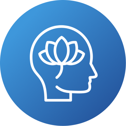 Silhuet af hoved med lotusblomst indeni på blå cirkel, symbol for mental sundhed og mindfulness