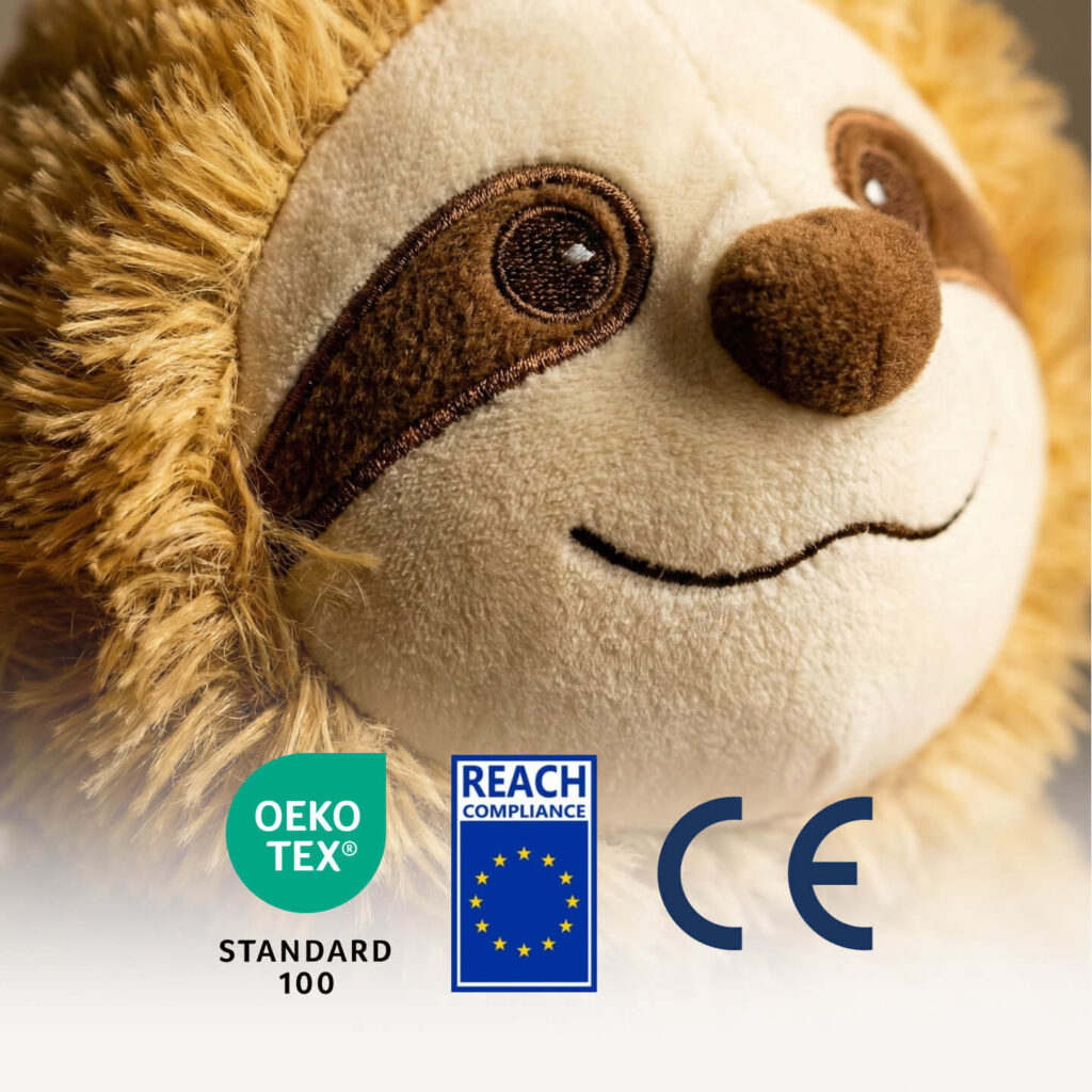 Weiches beiges Kuscheltier mit brauner Nase, gestickten Augen und goldener Fellkante sowie OEKO-TEX, REACH und CE Siegeln