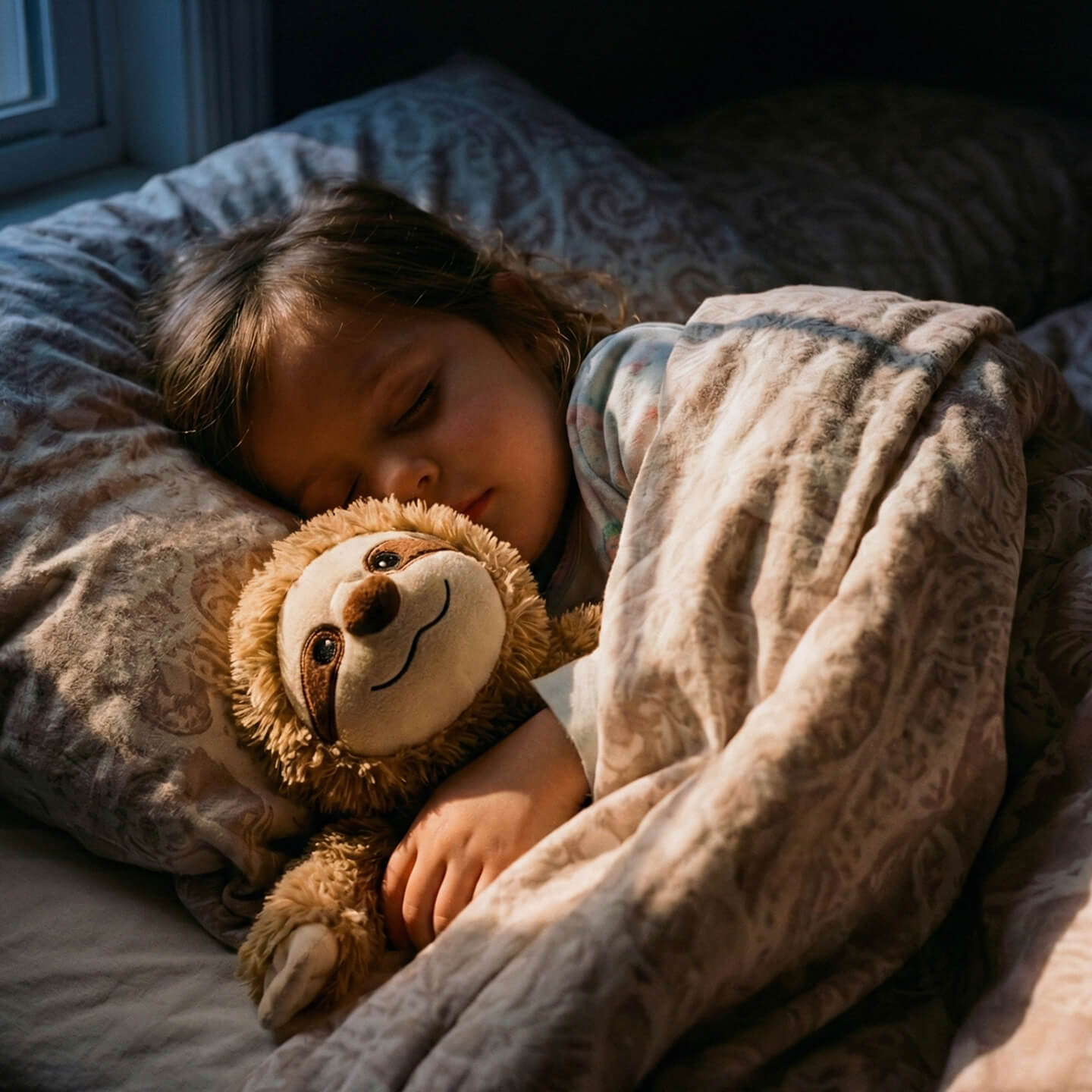 Schlafendes Kind kuschelt im warmen Abendlicht unter gemusterter Bettdecke mit einem weichen Faultier-Kuscheltier