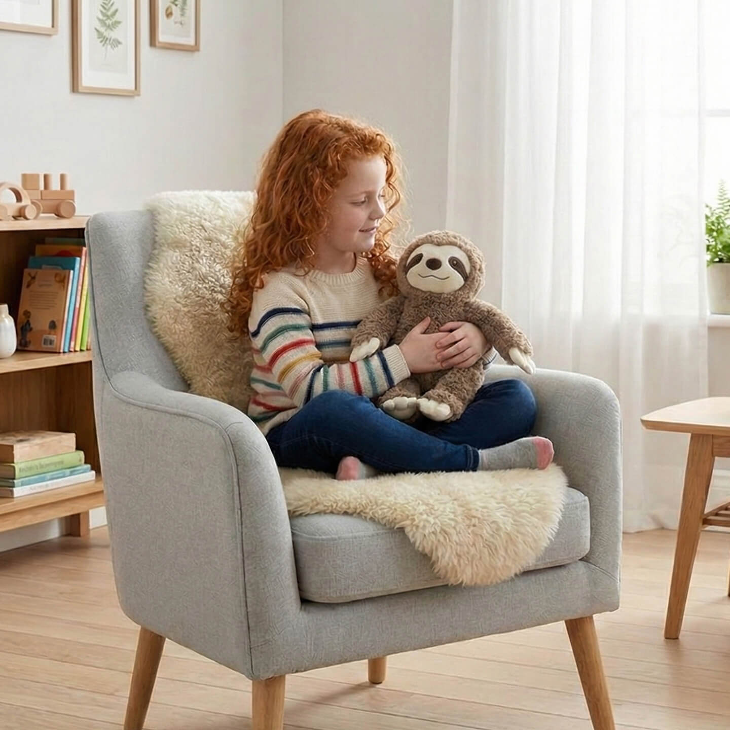 Rothaariges Mädchen kuschelt im Sessel eines hellen, gemütlichen Kinderzimmers mit einem weichen Faultier-Kuscheltier