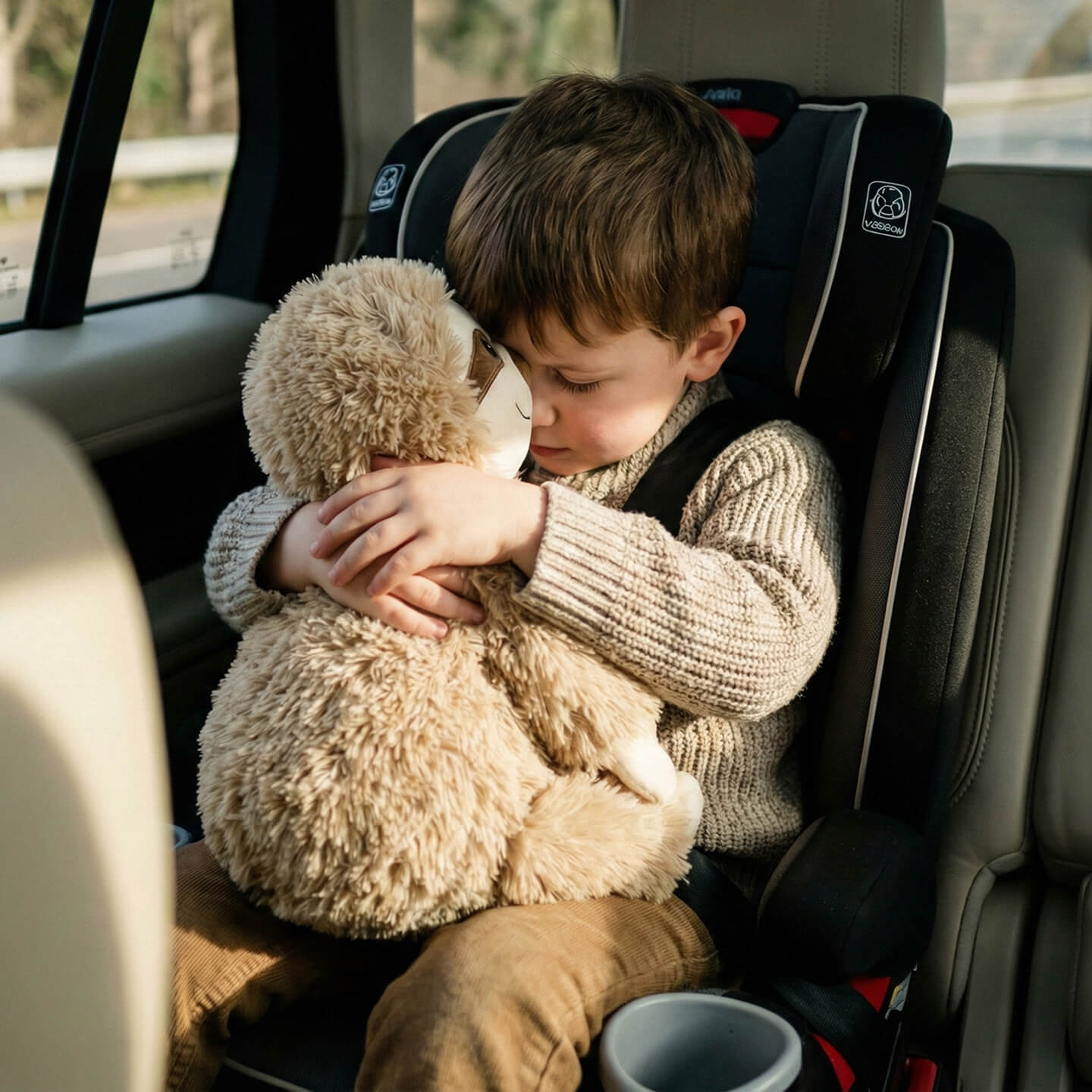 Kleiner Junge im Autositz kuschelt mit einem großen, weichen beigen Kuscheltier