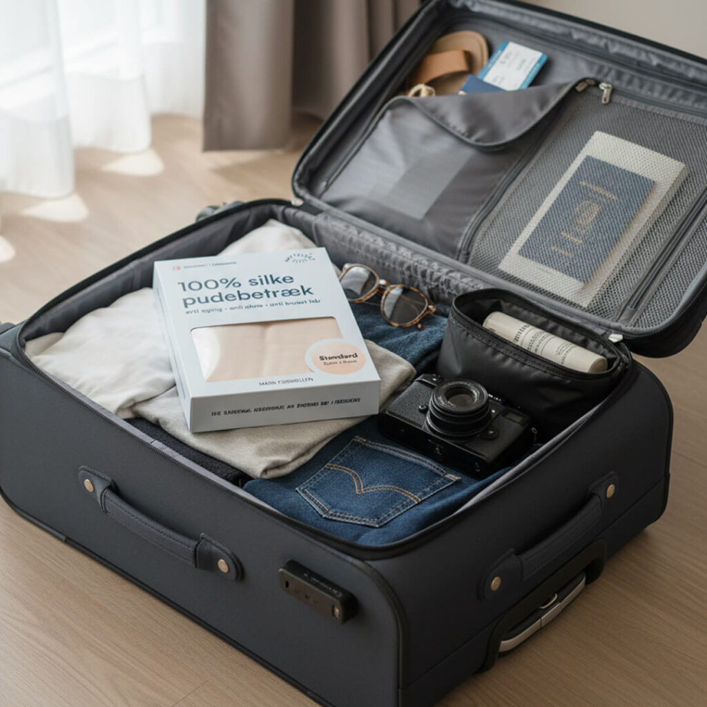 Geöffneter Koffer mit Jeans, Kleidung, Seidenkissenbezug aus 100 % Seide, Reisepass, Sonnenbrille und Kamera, bereit für die Reise
